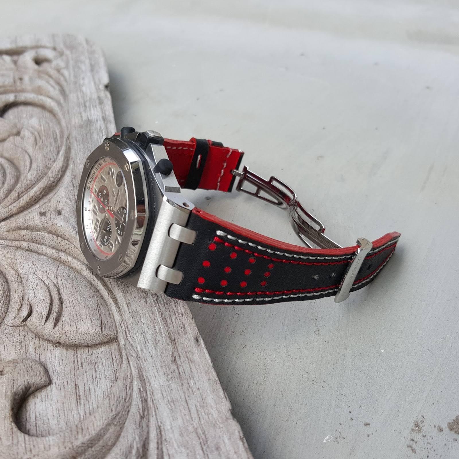 Audemars Piguet Straps - Racing Black with White Red Stitch by Gunny Straps