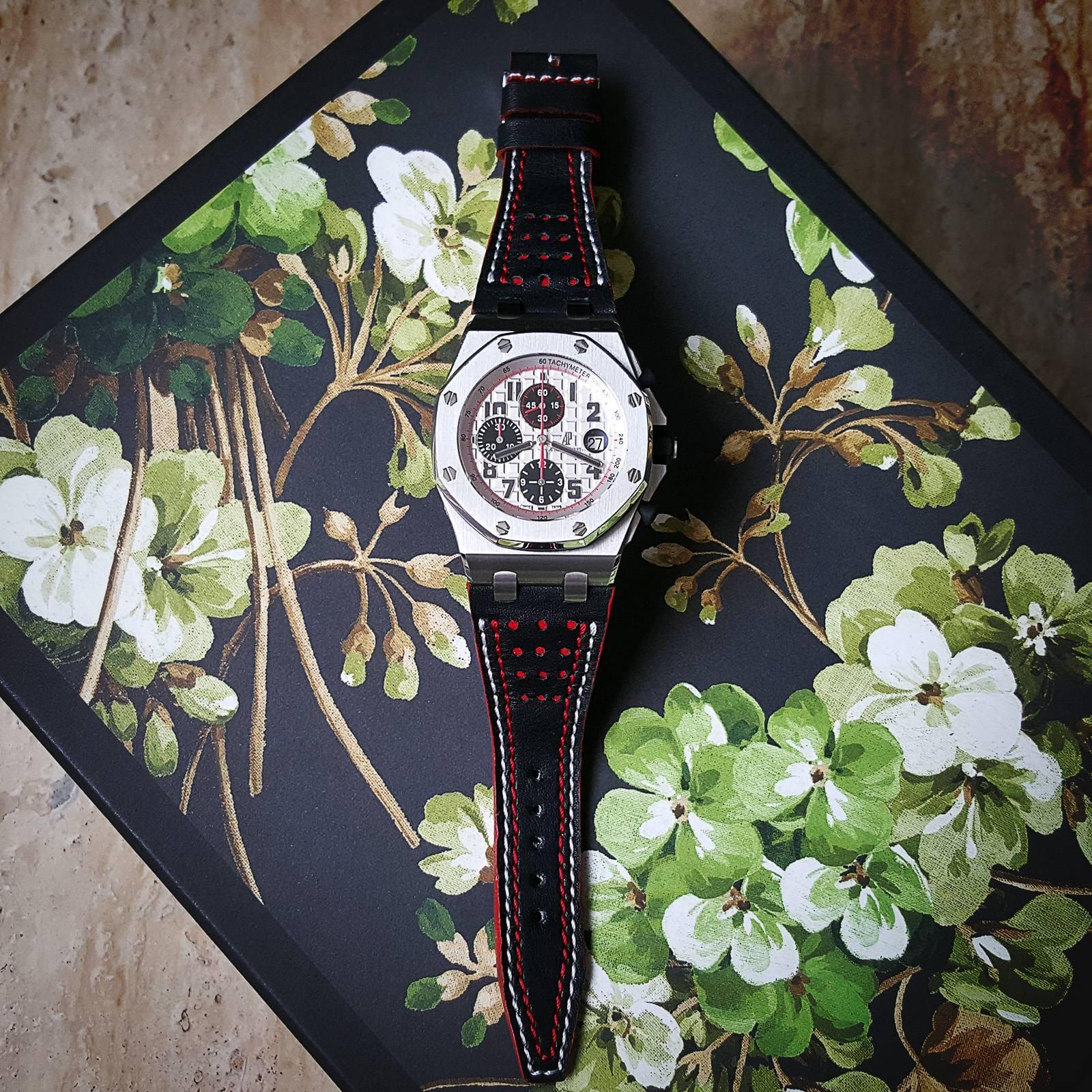 Audemars Piguet Straps - Racing Black with White Red Stitch by Gunny Straps