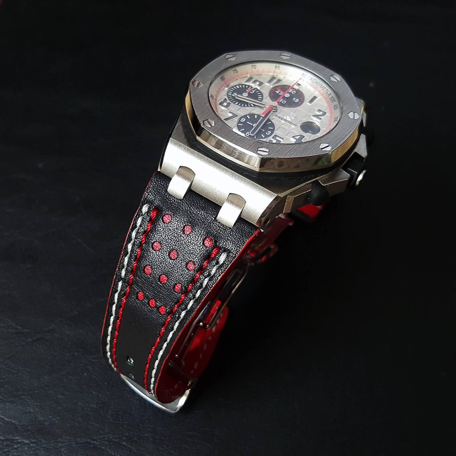 Audemars Piguet Straps - Racing Black with White Red Stitch by Gunny Straps