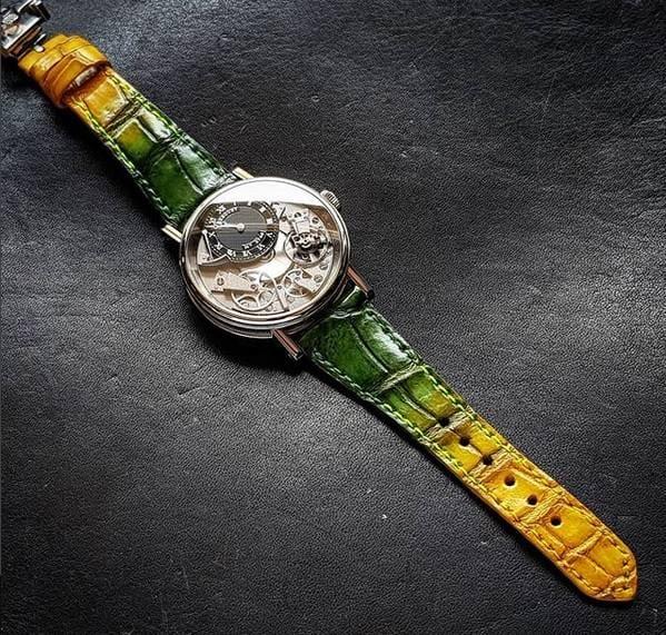 Two-tone-yellow-green-crocodile-watch-strap-on-Breguet-Tradition-made-by-Gunny-Straps
