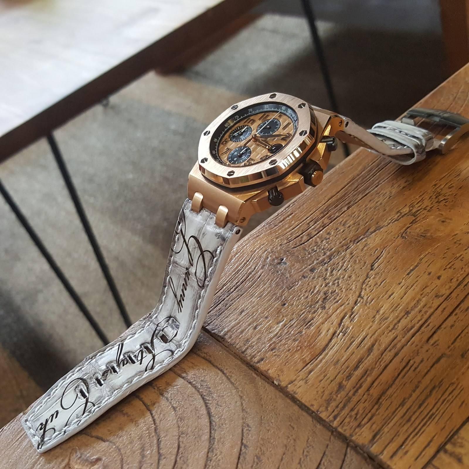 Ivory Croco with Scritto Leather Strap For Audemars Piguet Royal Oak Offshore Rose Gold by Gunny Straps