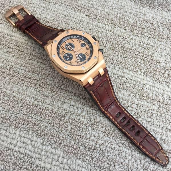 Bordeaux Croco Leather Strap For Audemars Piguet Royak Oak Offshore Chronograph Rose Gold by Gunny Straps
