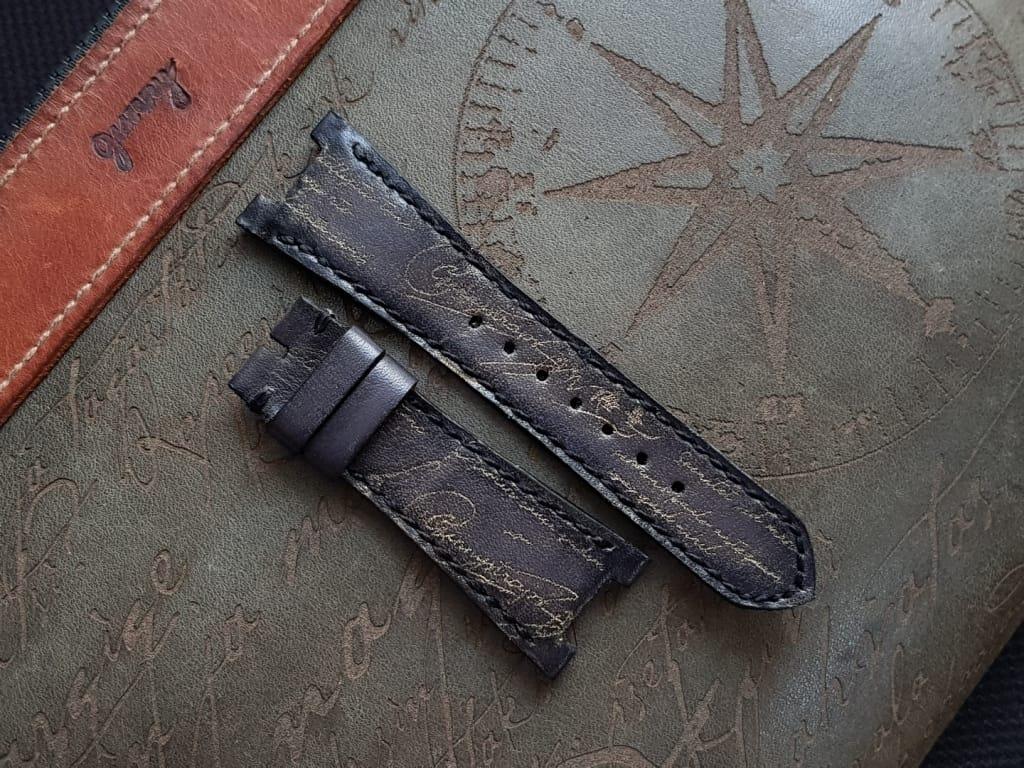 Patek Philippe Leather Strap – Black Patina with Gold Scritto