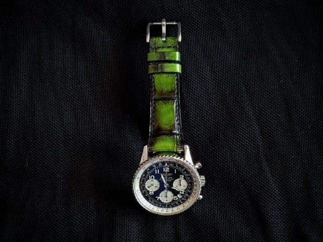 Fire Green Croco Strap on Breitling Navitimer by Gunny Straps
