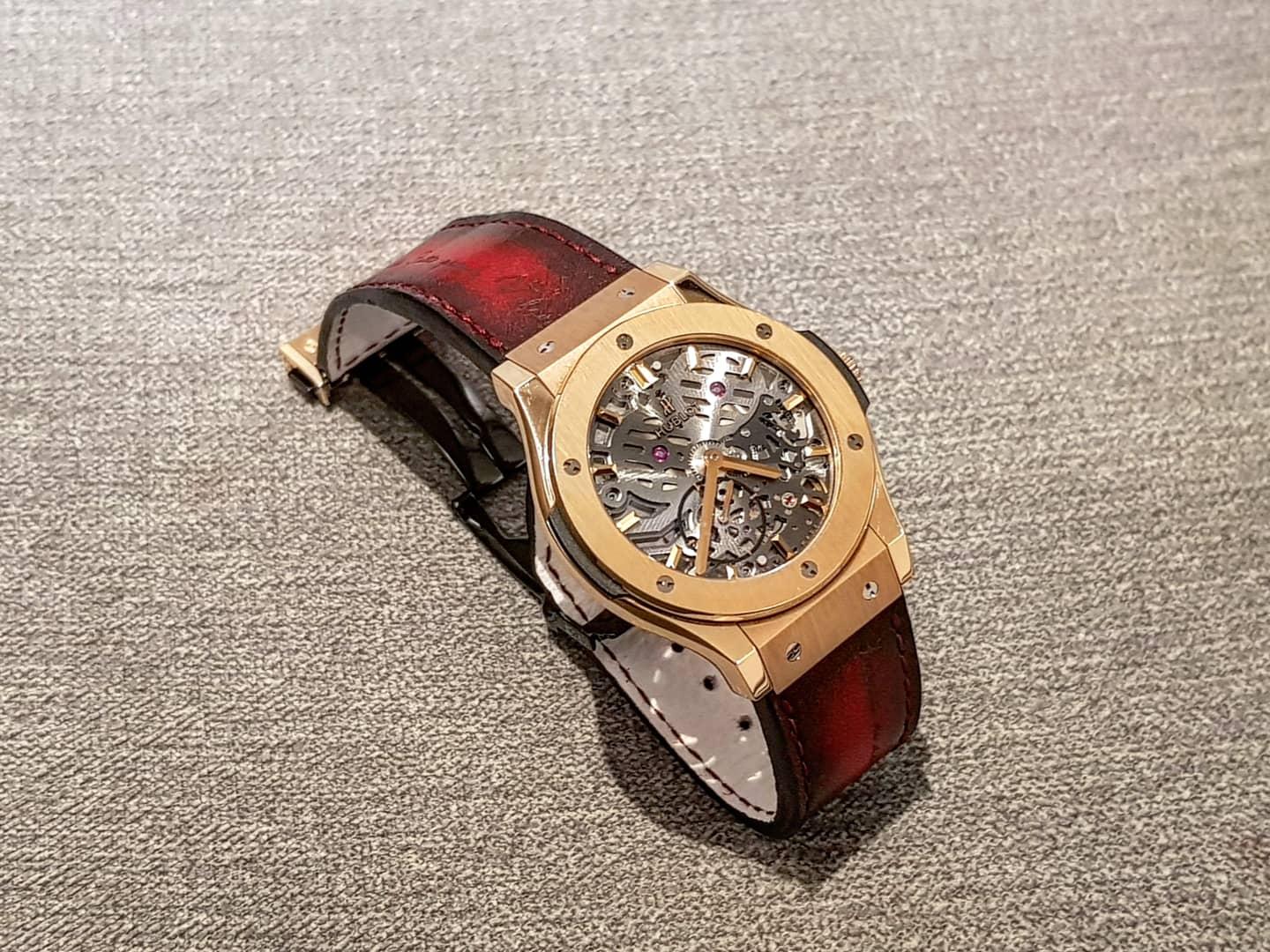 Red Patina Scritto Strap on Hublot by Gunny Straps