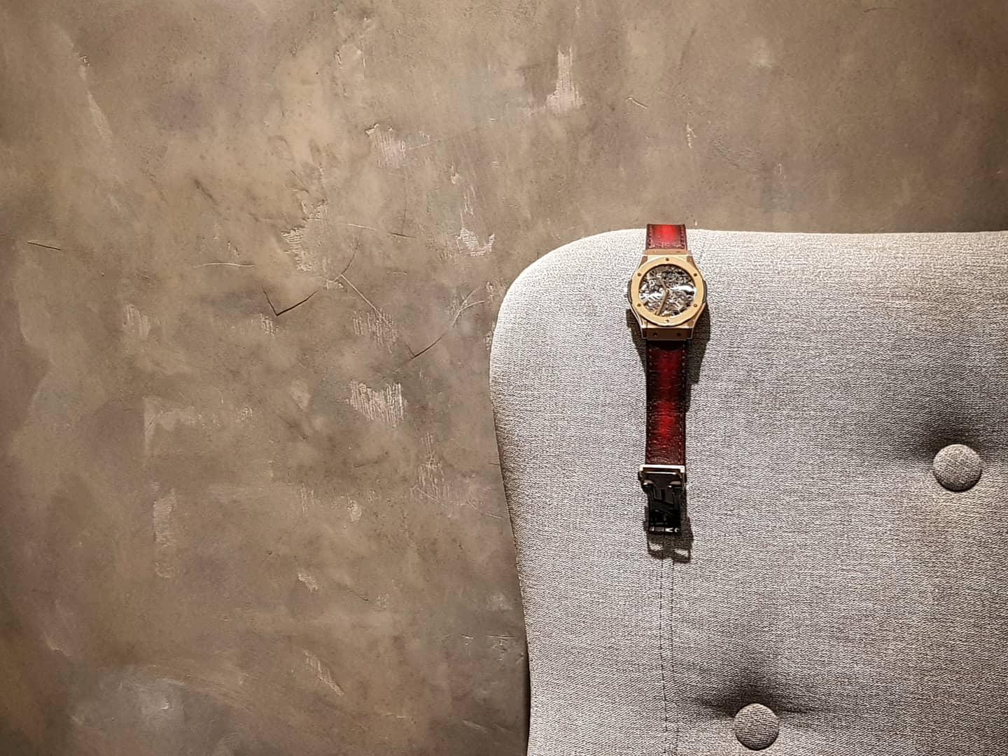 Red Patina Scritto Strap on Hublot by Gunny Straps