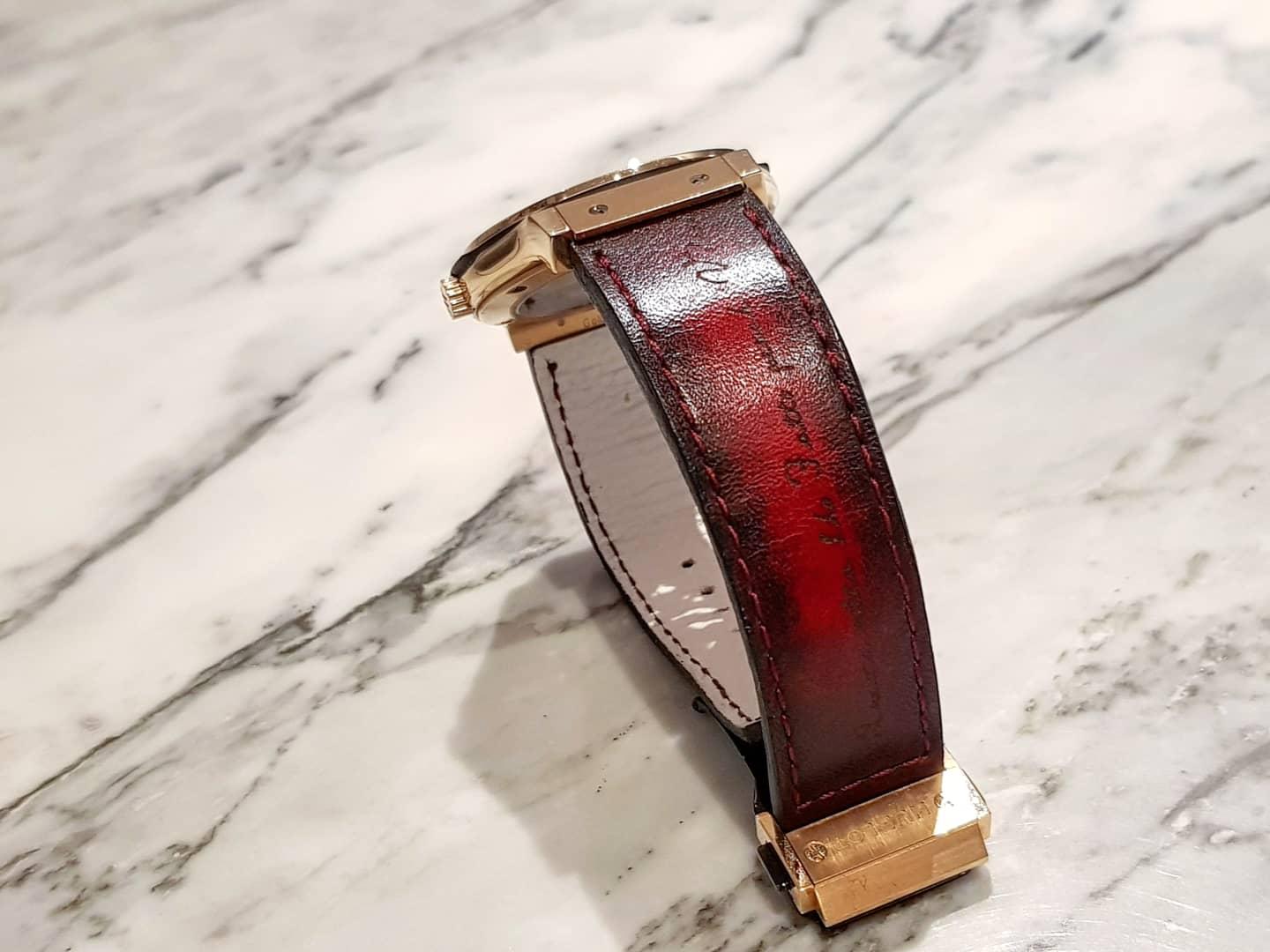 Red Patina Scritto Strap on Hublot by Gunny Straps