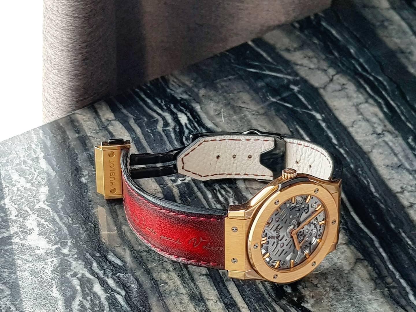 Red Patina Scritto Strap on Hublot by Gunny Straps