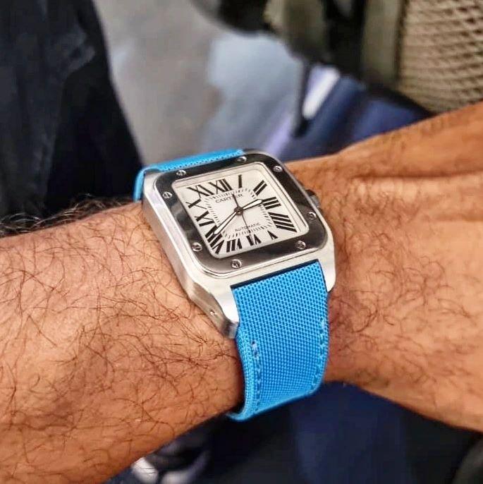 Cyan Kevlar Strap on Cartier Santos 100