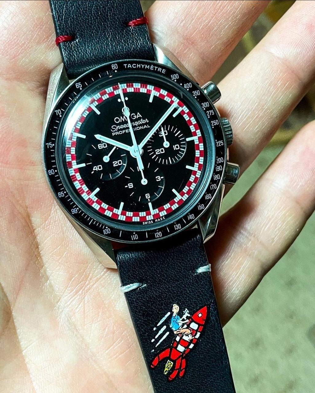 Minimalist Strap with Tintin Painting on Omega Speedmaster by Gunny Straps