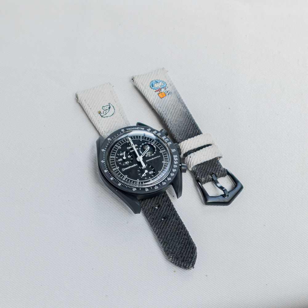 White Black Two Tone Denim Strap with Snoopy on Omega moonswatch by Gunny Straps