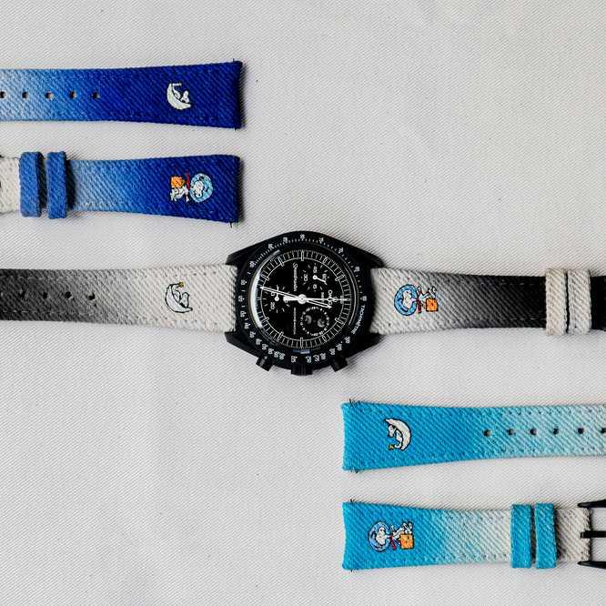 Two Tone Denim Strap with Snoopy on Omega Moonswatch by Gunny Straps