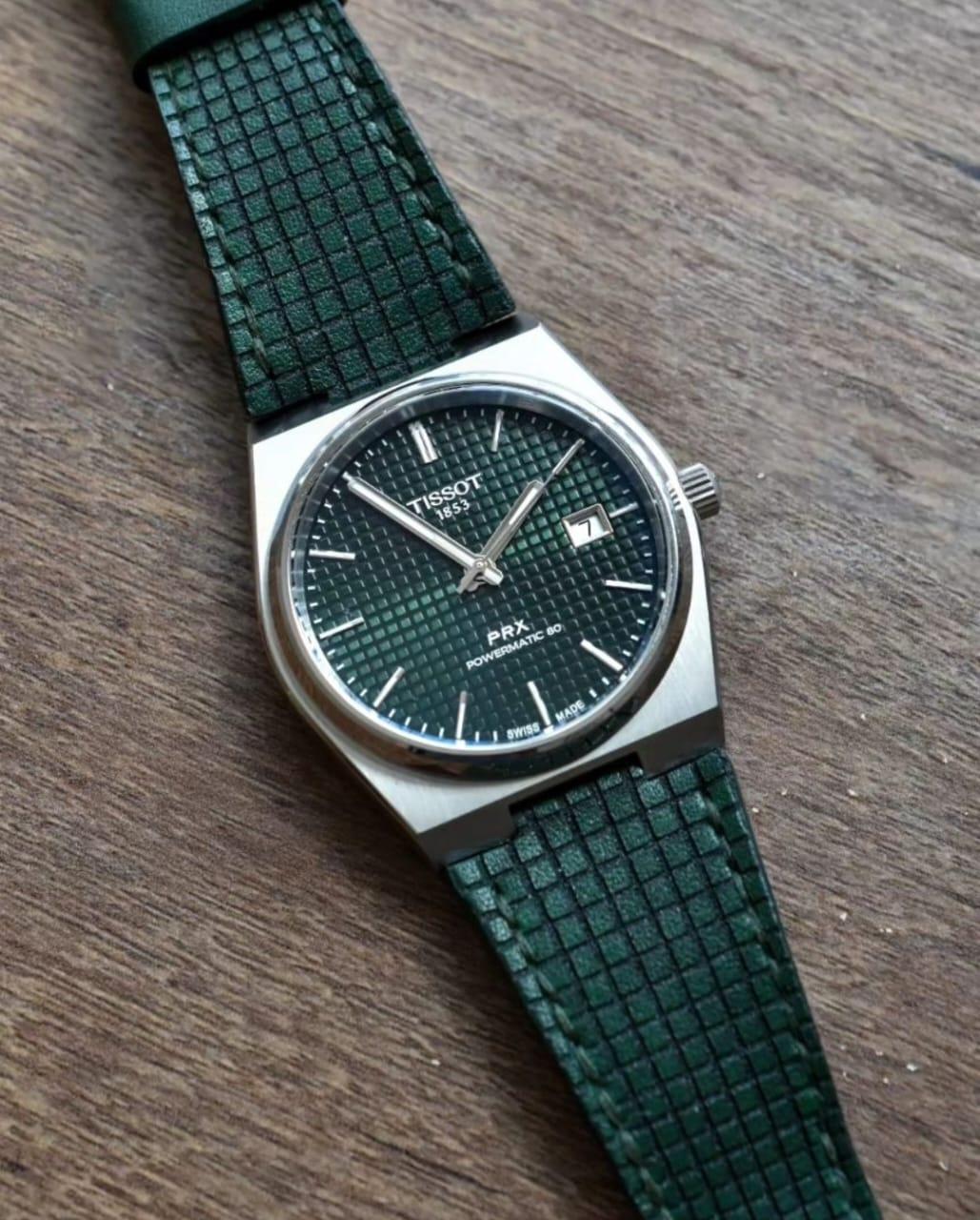 Dark Green Chessboard Strap on Tissot PRX by Gunny Straps