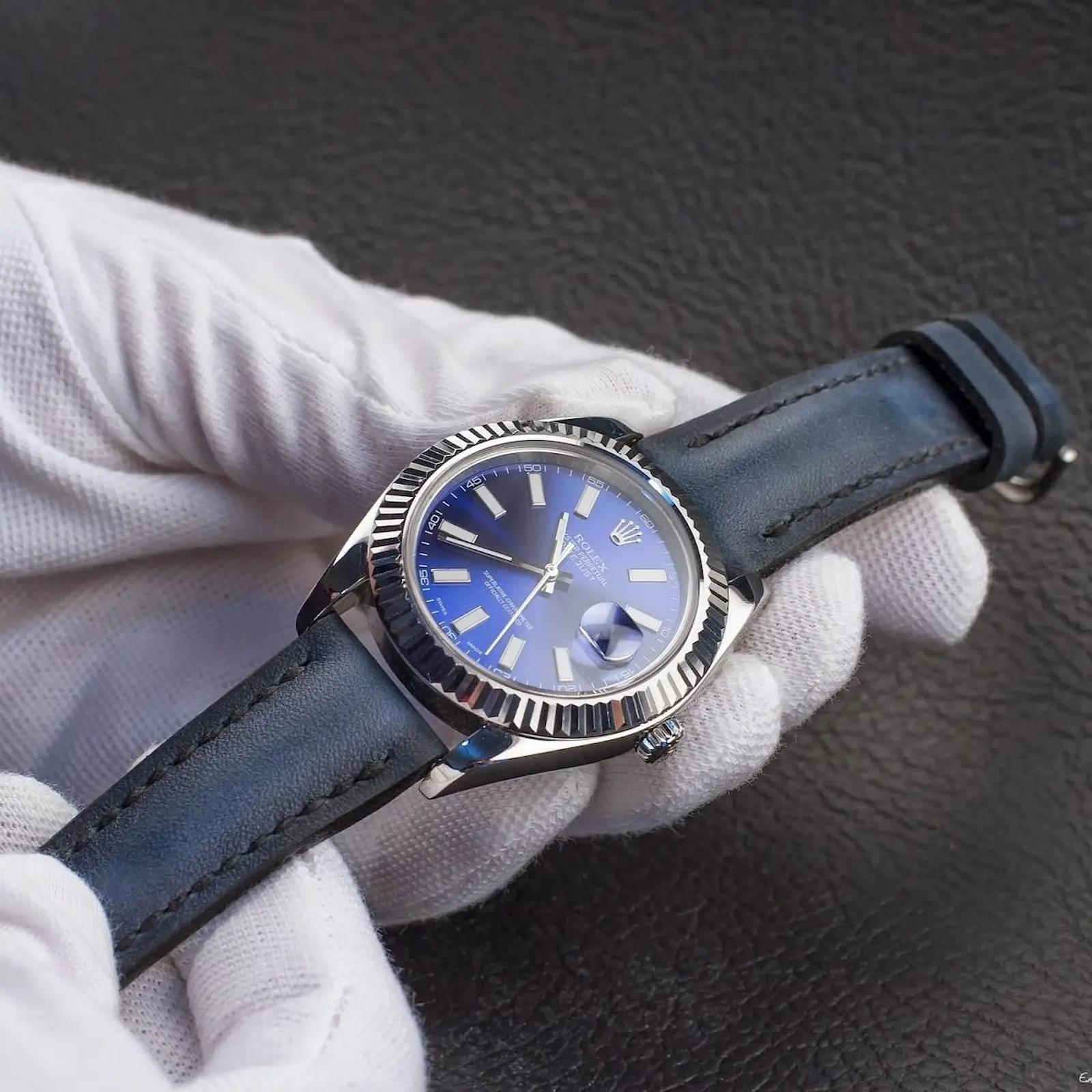 Deep Blue Strap on Rolex Datejust Made by Gunny Straps