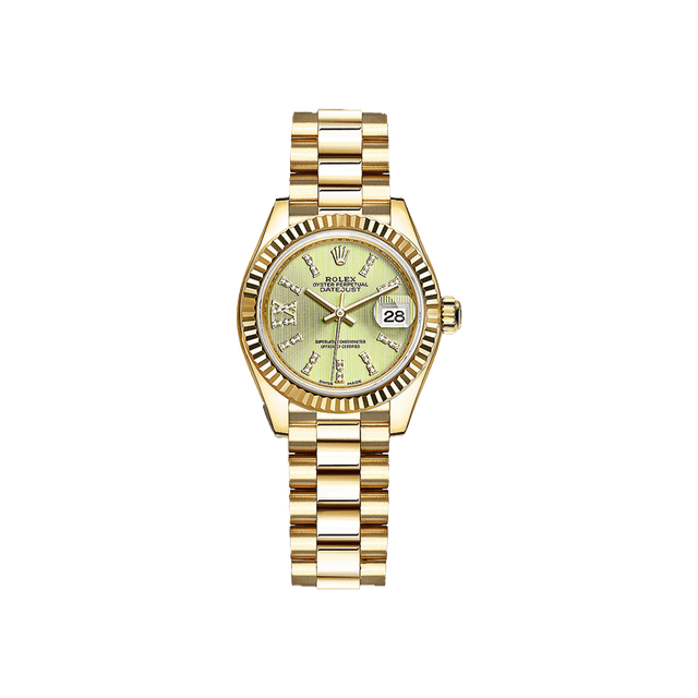 Datejust 28mm, YG, Gold Linden Green XI diam dial, President Bracelet