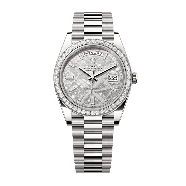 Daydate 40mm, WG, Meteorite 10bq diam dial, Diamond bezel,  President Bracelet