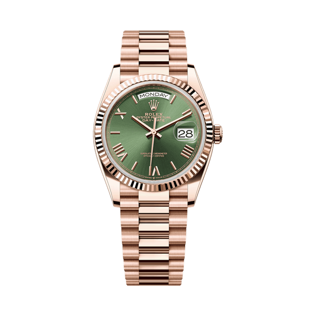 Daydate 36mm, RG, Olive Roman dial, President Bracelet