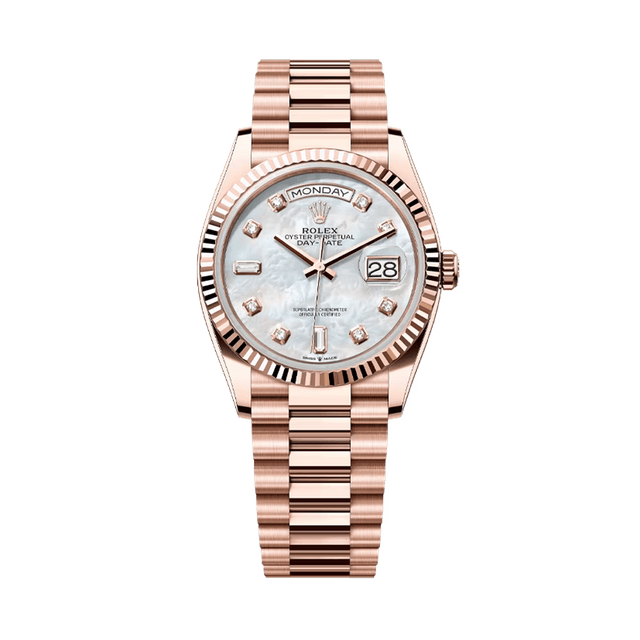 Daydate 36mm, RG, White MOP 8rd2bg dial, President Bracelet