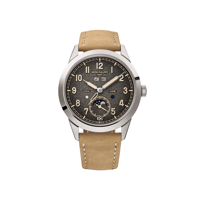 Annual Calendar Travel Time Complications 41mm, WG, Textured charcoal gray dial, Calfskin Leather Strap