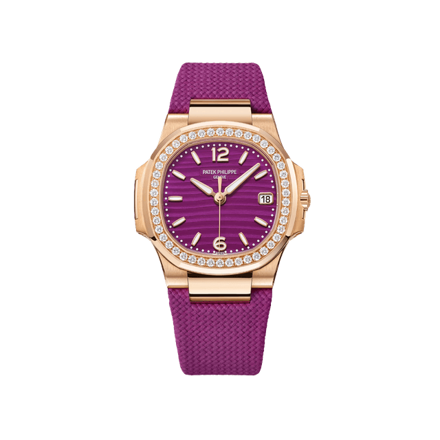 Nautilus Lady RG, 32mm, Purple Wave  Dial, Diamond Bezel, Purple Rubber Strap