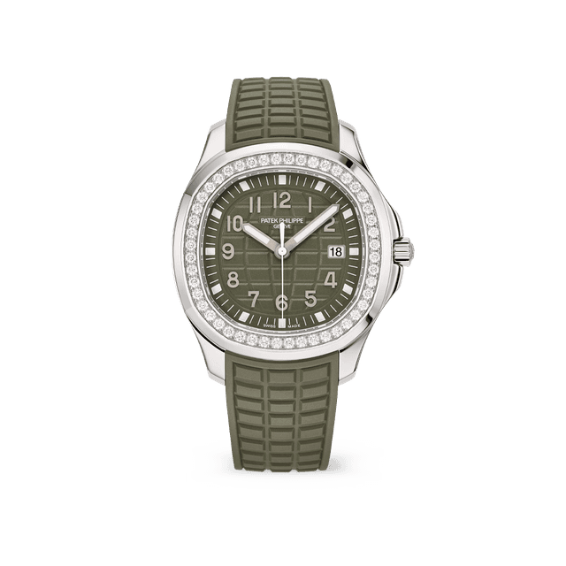 Aquanaut Lady 38.8mm, Steel, Quartz, Khaki Green dial, Diamond bezel, Khaki Green rubber