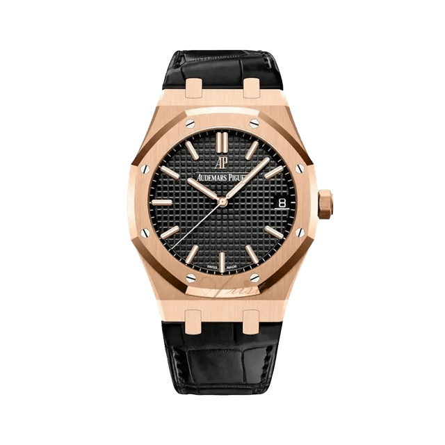 Royal Oak 41mm, RG, Black dial, Black Leather Strap