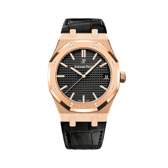 Royal Oak 41mm, RG, Black dial, Black Leather Strap