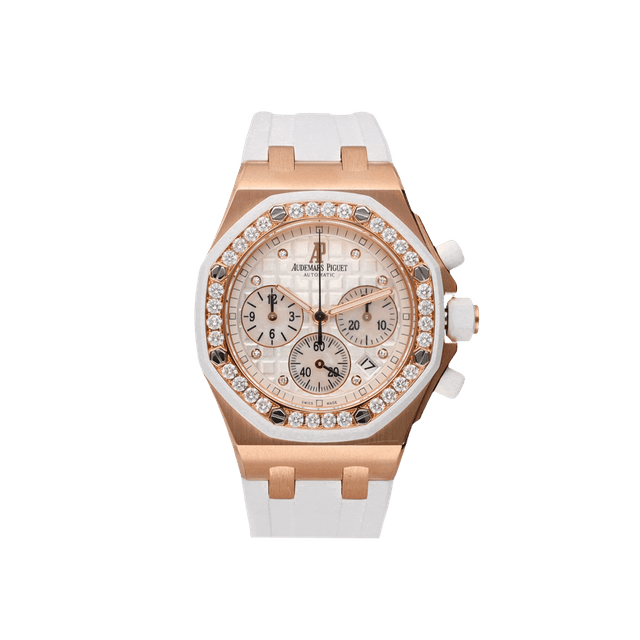 Royal Oak Offshore Lady Chrono 37mm, RG, Beige 8rd dial, Diamond bezel, White rubber