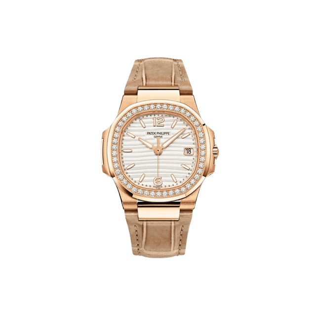 Nautilus Lady RG, 32mm, Silver Dial, Diamond Bezel, Beige Alligator Strap