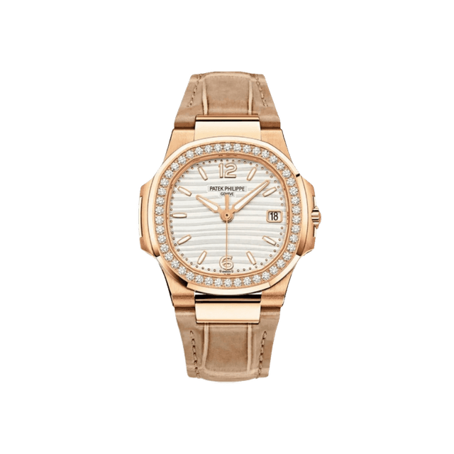 Nautilus Lady RG, 32mm, Silver Dial, Diamond Bezel, Beige Alligator Strap