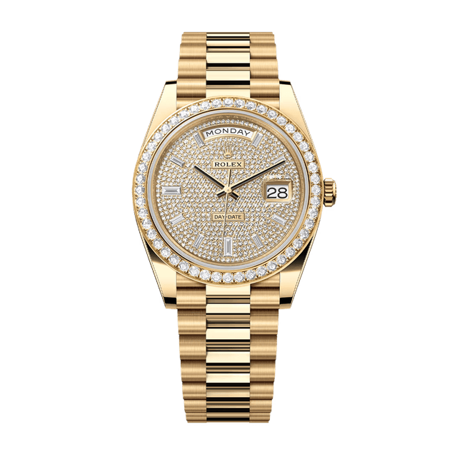 Daydate 40mm, YG, Paved + 8bq2rb dial, Diamond bezel,  President Bracelet