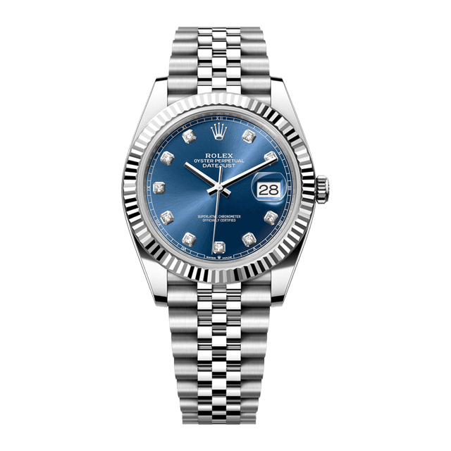 Jam tangan Rolex Datejust 41mm pria, steel & white gold, dial biru 10 diamond, bracelet Jubilee ref. 126334-0016