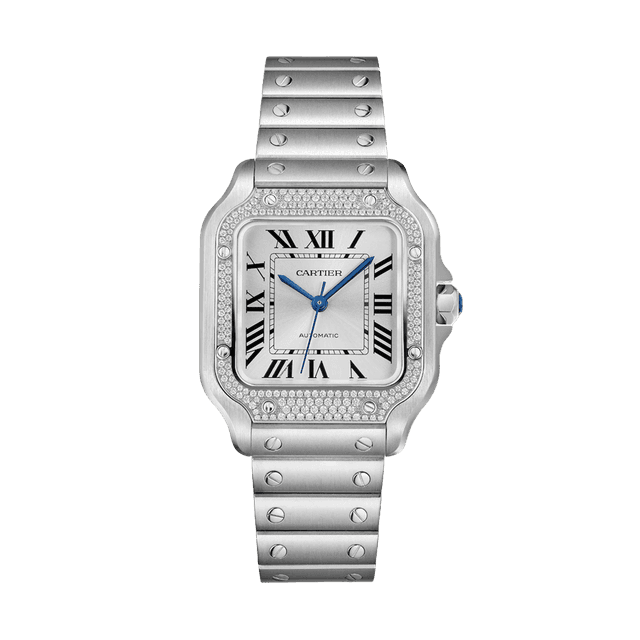 Santos de Cartier Medium Model 35.1mm, Steel, Diamond bezel, Silver dial, Bracelet