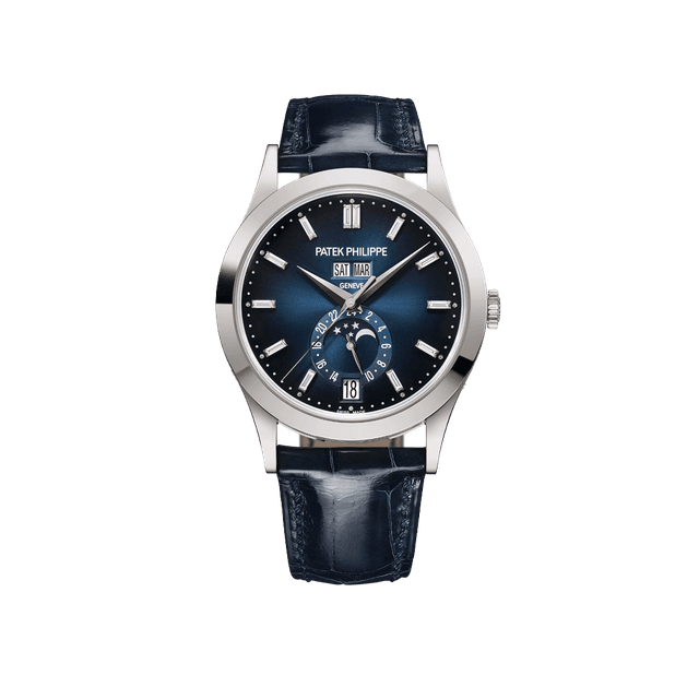Jam tangan Patek Philippe Complications Annual Calendar, white gold, dial biru, strap kulit ref. 5396G-017