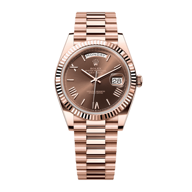 Daydate 40mm, RG, Choco Roman dial, President Bracelet