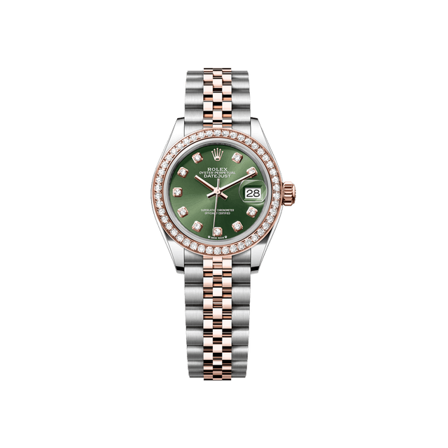Datejust 28mm, st/rg, Olive 10rd dial, Diamond Bezel, Jubilee Bracelet