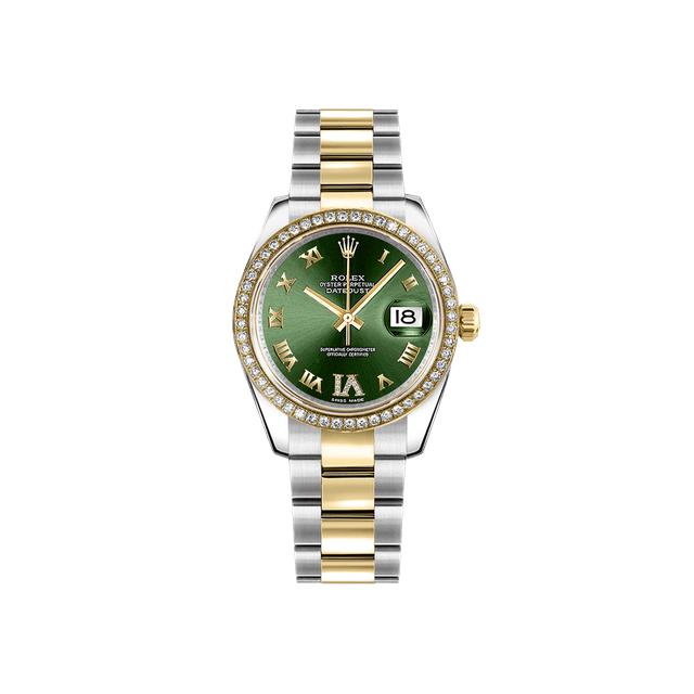 Datejust 31mm, st/yg, Olive VI diam dial, Diamond Bezel, Jubilee Bracelet