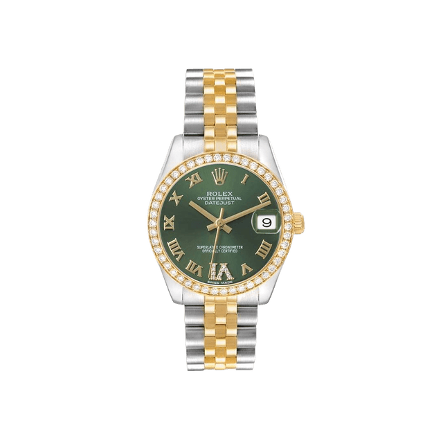 Datejust 31mm, st/yg, Olive VI diam dial, Diamond Bezel, Jubilee Bracelet