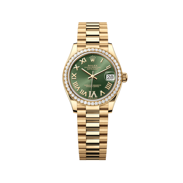 Datejust 31mm, YG, Olive VI diam dial, Diamond Bezel, President Bracelet