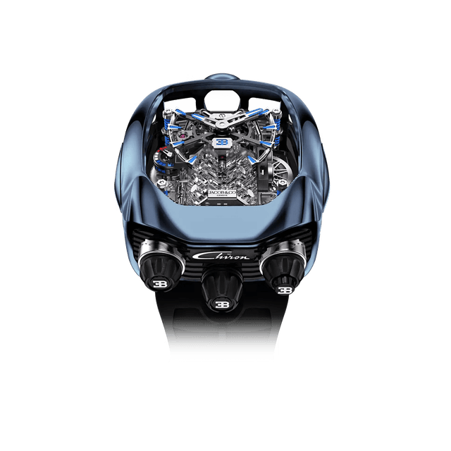 Bugatti Chiron Tourbie W16 Engine 44mm, Blue Titanium, Skeletonize Blue Index Dial, Black Rubber Strap Lmtd 50