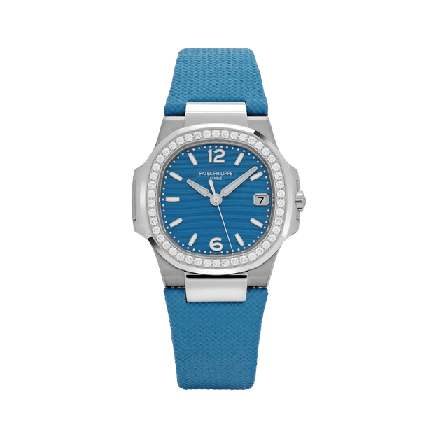 Nautilus Lady WG, 32mm, Blue Wave  Dial, Diamond Bezel, Blue Rubber Strap
