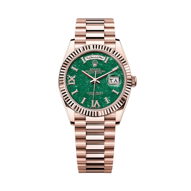 Daydate 36mm, RG, Green Aventurine Roman Diam dial with Arabic Day Date, President Bracelet