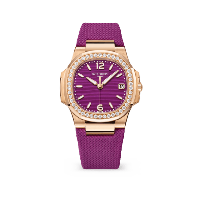Nautilus Lady RG, 32mm, Purple Wave  Dial, Diamond Bezel, Purple Rubber Strap