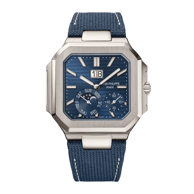 Cubitus Grande Date-day Platinum, Sunburst Blue Dial, Blue Fabric Strap