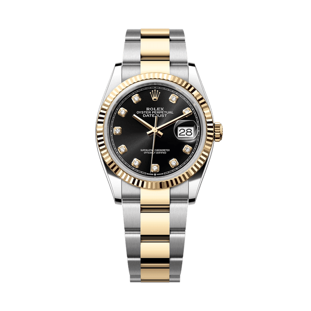 Datejust 36mm, st/yg, Black 10rd dial, Oyster Bracelet