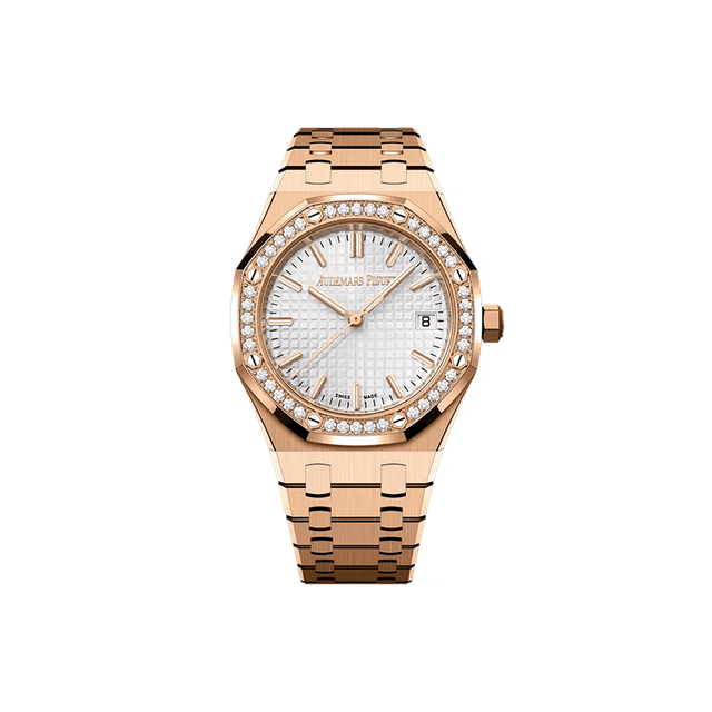 Royal Oak 34mm, Rose Gold, Silver dial, Diamond Bezel, Bracelet
