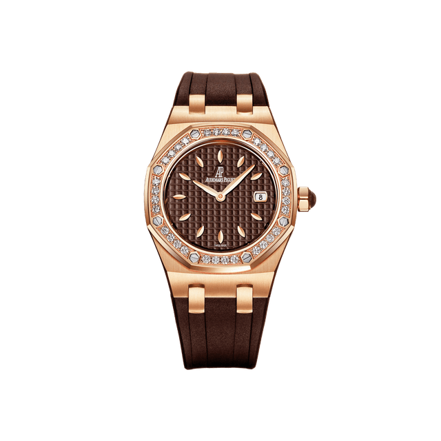 Royal Oak Lady Quartz 33mm, RG, Brown dial, Diamond Bezel, Brown Rubber