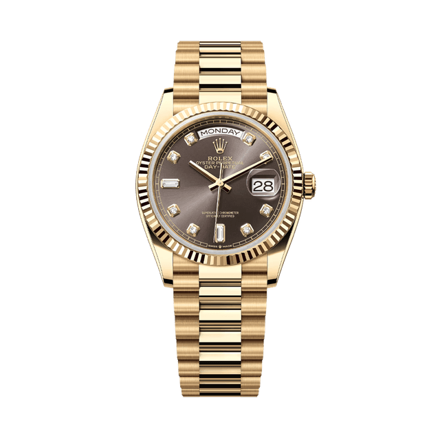 Daydate 36mm, YG, Dark Grey 8br+2bg dial, President Bracelet