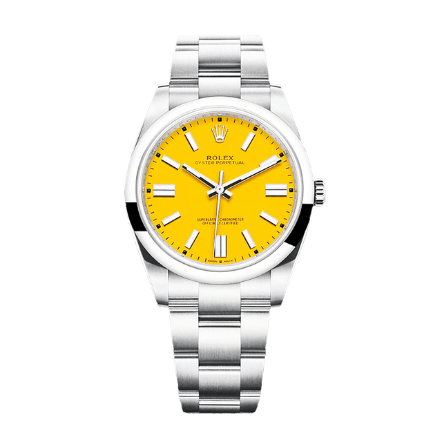 Oyster Perpetual 41mm, Steel, Yellow Tab dial, Domed bezel, Oyster Bracelet