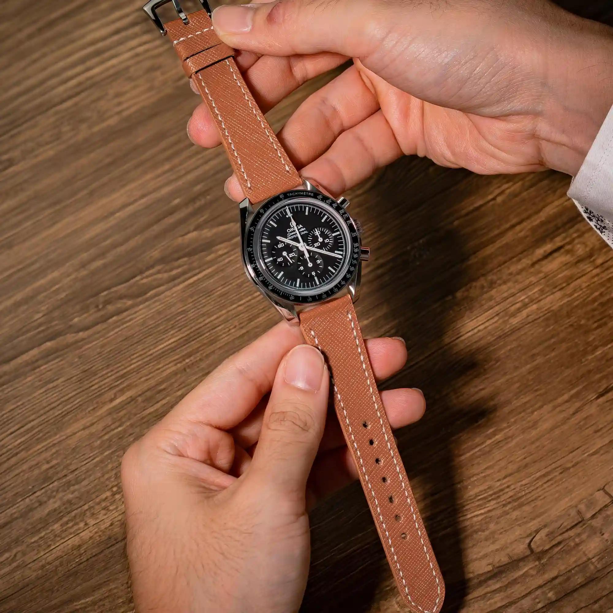 Omega Leather Strap – Cognac Saffiano